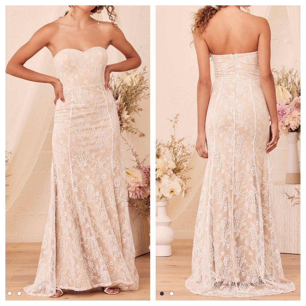 Lulus Beige and White Lace Strapless Maxi Dress